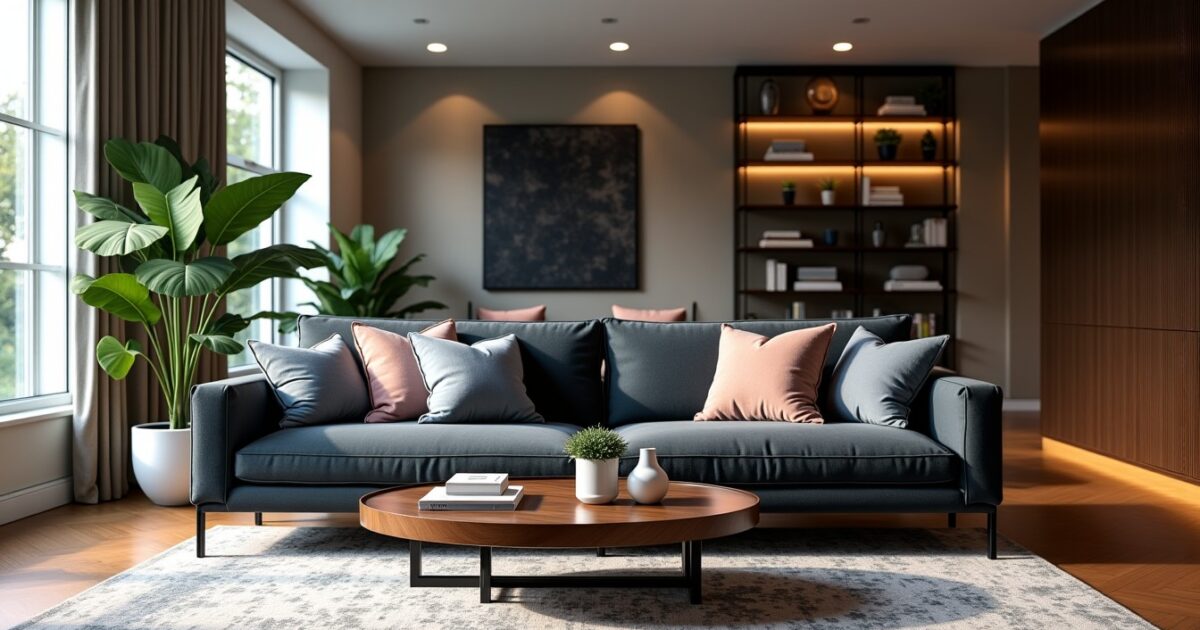 Aménager un salon élégant : harmonie des couleurs et textures autour d'un canapé gris foncé