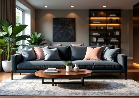 Aménager un salon élégant : harmonie des couleurs et textures autour d'un canapé gris foncé