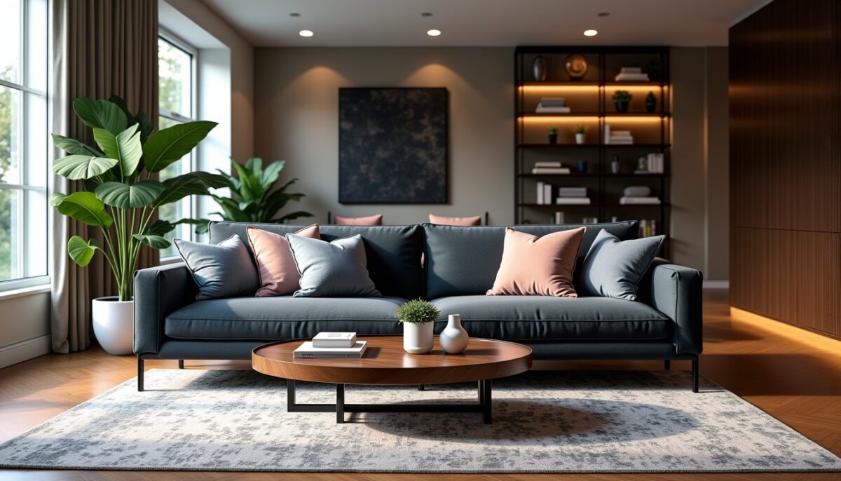 Aménager un salon élégant : harmonie des couleurs et textures autour d'un canapé gris foncé
